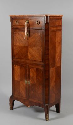 an image of a wooden cabinet with a door and drawers