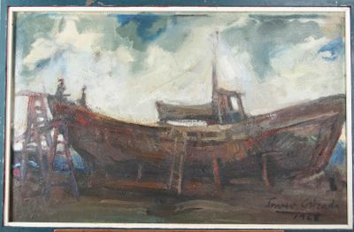 un tableau représentant un bateau, exposé dans un musée