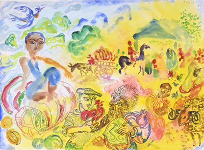 une aquarelle représentant une femme à vélo