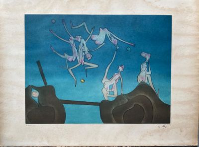 painting of a group of people jumping off a cliff into the ocean