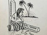 dessin de bande dessinée représentant une femme assise sur un banc, une bouteille à la main