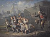 a painting of a group of children playing in the street
