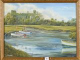 a painting of boats on the water by the shore