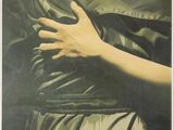painting of a woman ' s hand reaching out from behind a green cloth