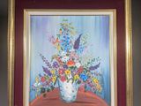 une peinture représentant un vase de fleurs sur une table