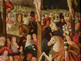 une image d'une peinture de jésus sur la croix avec d'autres personnes