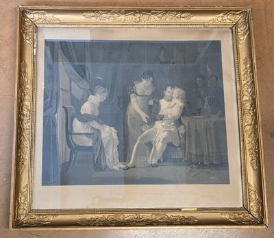 framed photograph of a woman combing another woman ' s hair in a room