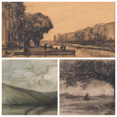quatre croquis différents représentant des arbres et une rivière dans un paysage