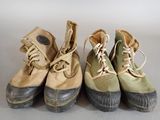 three pairs of shoes are lined up on a white surface