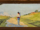 une peinture à l'huile représentant un homme marchant sur un chemin de terre