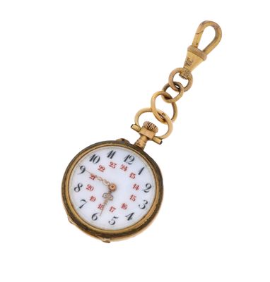une image représentant une montre de poche attachée à une chaîne, sur fond blanc