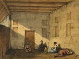 painting of a group of people sitting in a room next to a door