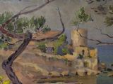 a picture of a painting of a tree by the water