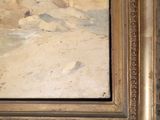a picture of a painting of a woman sitting on the beach