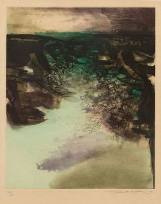 une image représentant un tableau représentant de l'eau et des rochers sur une plage
