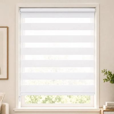 a living room with a couch and a window covered in blinds
