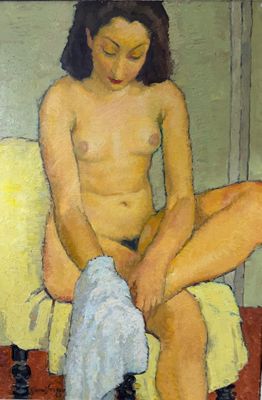 tableau représentant une femme assise sur un canapé, une serviette sur les genoux