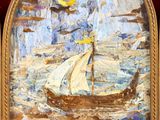 a painting of a sailboat on display in a gold frame
