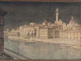 peinture d'une vue d'une ville avec une tour d'horloge au loin