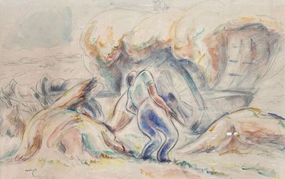 painting of a man and a woman in the desert with a horse