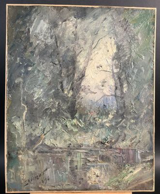 an oil painting of a river with trees in the background