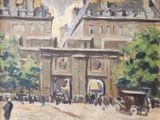 un tableau représentant un bâtiment autour duquel se promènent des gens