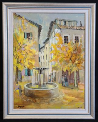 une peinture à l'huile représentant une fontaine devant un immeuble