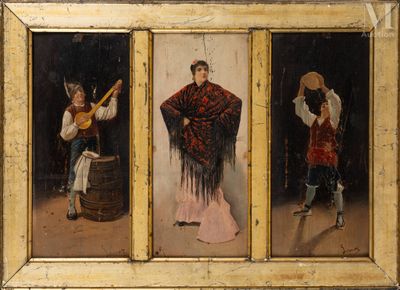 trois tableaux représentant un homme et une femme jouant d'un instrument dans une pièce