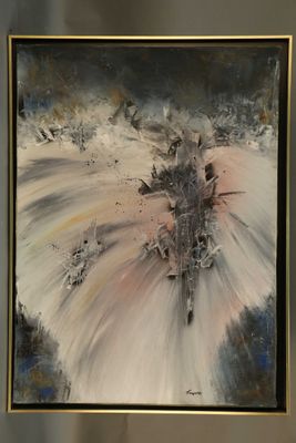 painting of a white and black abstract painting with a gold frame