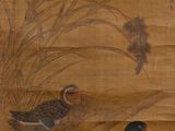 a painting of two ducks in a pond of water