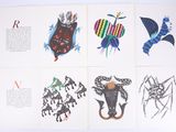 four cards with drawings of animals and birds on them on a white surface