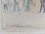 a painting of a group of people walking down the street