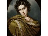 un tableau représentant une femme en robe verte, avec un châle autour du cou