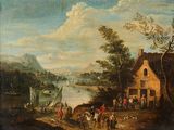 tableau représentant une scène de village avec une rivière et un village peuplé de personnages et d'animaux