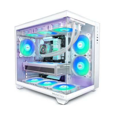 a white computer case with blue and green lights