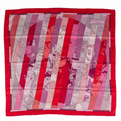 foulard en soie rose et rouge orné d'une carte du monde