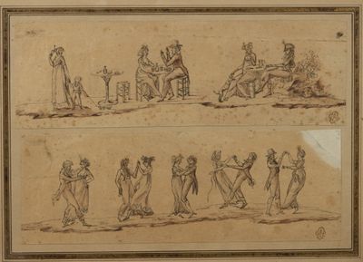 deux dessins représentant un homme et une femme accompagnés d'un chien et d'autres personnages