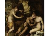 un tableau représentant deux hommes et une femme dans une grotte