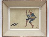 tableau représentant un homme tenant un oiseau dans la main, avec un autre oiseau posé par terre devant lui