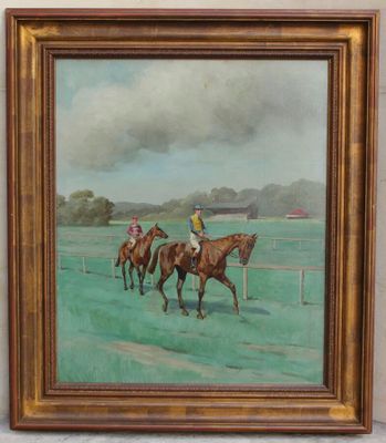 oil painting of jockeys and horses racing on a track