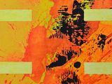 peinture abstraite représentant un homme sur un skateboard, sur un fond orange et jaune