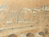 une peinture représentant une vue d'une ville depuis une fenêtre