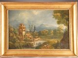 an oil painting of a landscape with a river and a house
