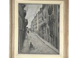 dessin en noir et blanc encadré représentant une scène de rue avec une personne marchant dans la rue