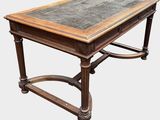 an image of a wooden table with a marble top on a white background