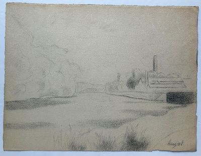 dessin représentant un paysage avec une rivière et un bâtiment au loin