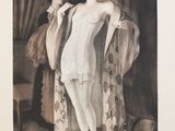 painting of a woman in a white dress and a man in a black and white photo