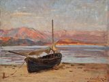 tableau représentant un bateau sur une plage, avec des montagnes en arrière-plan