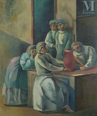 an image of a painting of a group of people sitting around a table