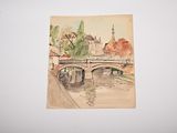 a painting of a bridge over a river with a building in the background
